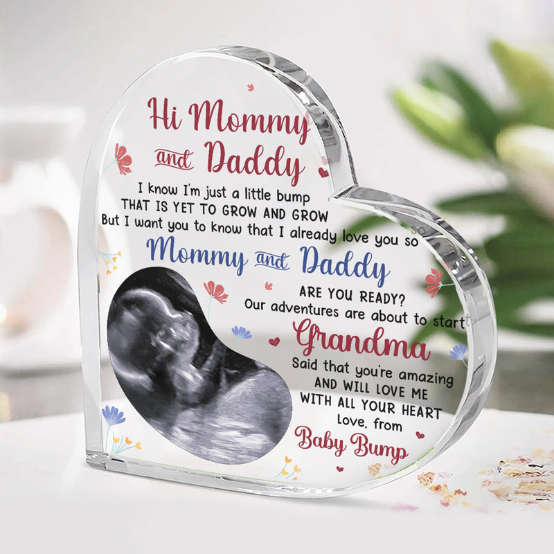 Custom Photo Our Adventures Are About To Start - Family Personalized Custom Heart Shaped Acrylic Plaque - Baby Shower Gift, Gift For First Dad, First Mom