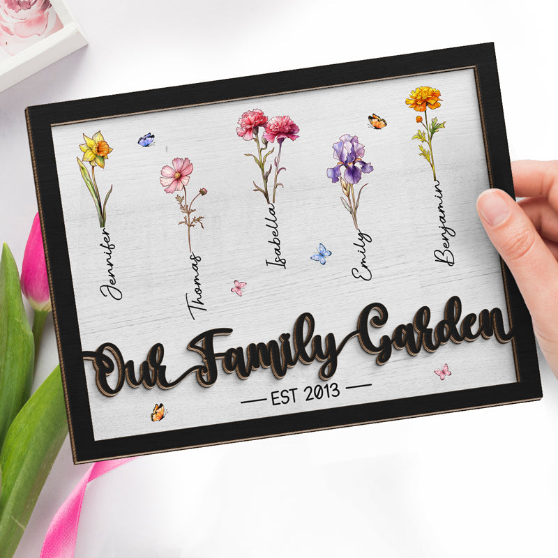 Our Family Garden - Family Personalized Custom 2-Layered Wooden Plaque With Stand - House Warming Gift For Family Members