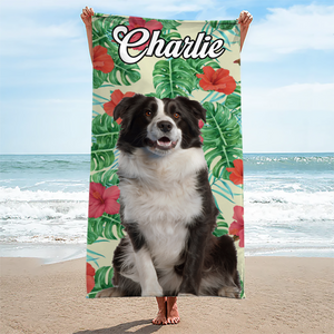 Custom Photo Tropical State Of Happiness - Dog & Cat Personalized Custom Beach Towel - Summer Vacation Gift, Gift For Family Members, Pet Owners, Pet Lovers