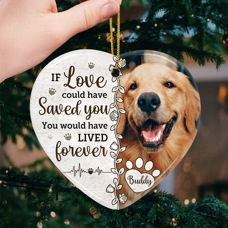 Custom Photo A Heartbeat At My Feet - Memorial Personalized Custom Ornament - Ceramic Heart Shaped - Christmas Gift, Sympathy Gift For Pet Owners, Pet Lovers