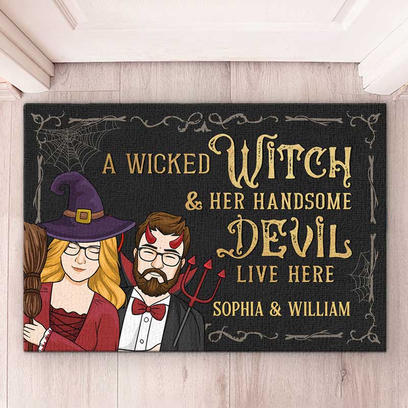 A Wicked Witch And Her Handsome Devil Live Here - Couple Personalized Custom Home Decor Witch Decorative Mat - Halloween Gift For Witches, Husband Wife