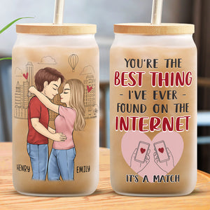 Glad We Matched - Couple Personalized Custom Glass Cup, Iced Coffee Cup - Gift For Husband Wife, Anniversary