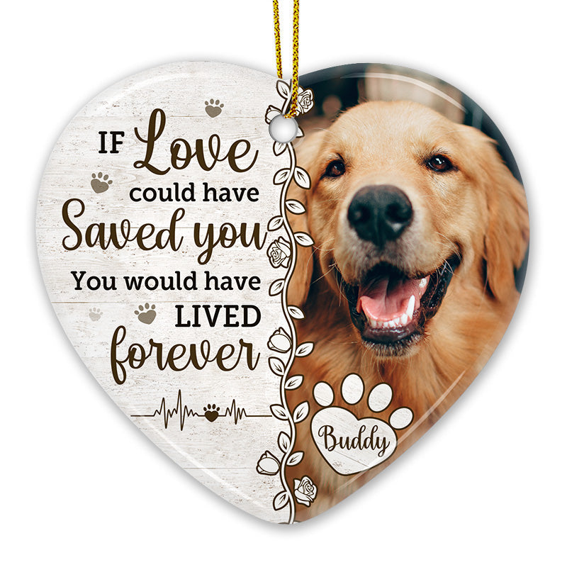 Custom Photo A Heartbeat At My Feet - Memorial Personalized Custom Ornament - Ceramic Heart Shaped - Christmas Gift, Sympathy Gift For Pet Owners, Pet Lovers