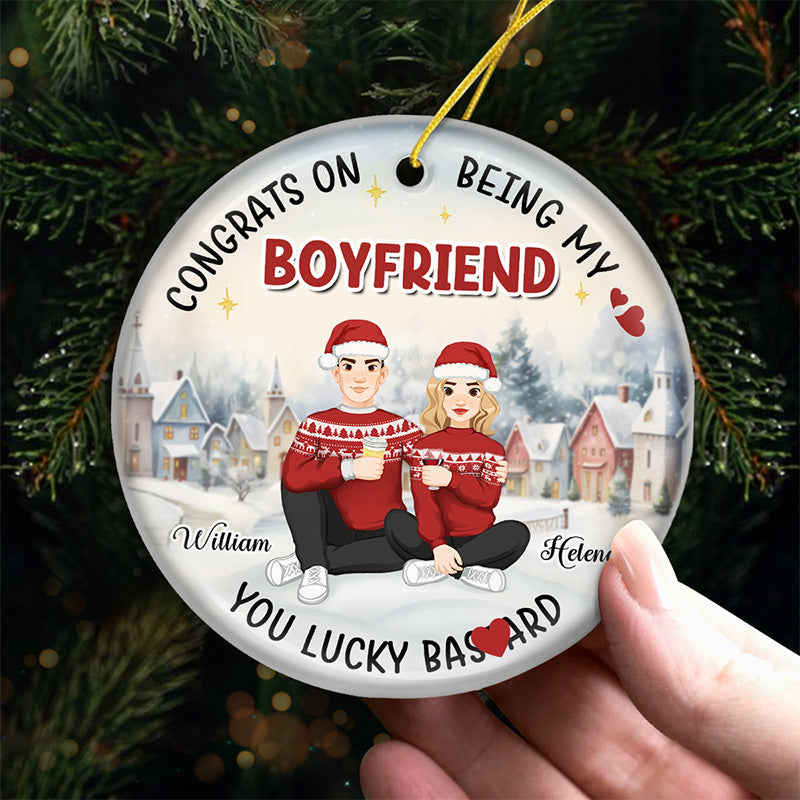Congrats On Being My Man - Couple Personalized Custom Ornament - Ceramic Round Shaped - Christmas Gift For Husband Wife, Anniversary