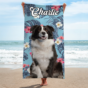 Custom Photo Tropical State Of Happiness - Dog & Cat Personalized Custom Beach Towel - Summer Vacation Gift, Gift For Family Members, Pet Owners, Pet Lovers