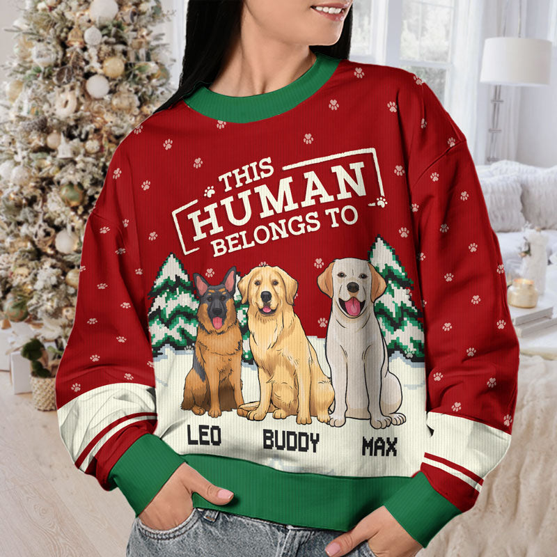 This Human Belongs To Me - Dog Personalized Custom Ugly Sweatshirt - Unisex Wool Jumper - Christmas Gift For Pet Owners, Pet Lovers