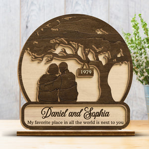 Just Sitting Together Is Enough- Couple Personalized Custom Shaped 2-Layered Wooden Plaque With Flat Stand - House Warming Gift, Gift For Husband Wife, Anniversary