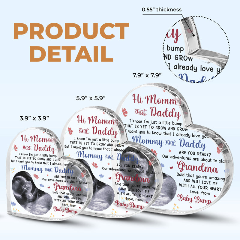 Photo personnalisée Nos aventures sont sur le point de commencer - Plaque acrylique personnalisée en forme de cœur pour famille - Cadeau de fête prénatale, cadeau pour premier papa, première maman