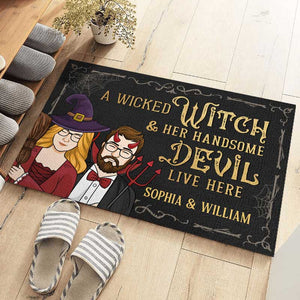 A Wicked Witch And Her Handsome Devil Live Here - Couple Personalized Custom Home Decor Witch Decorative Mat - Halloween Gift For Witches, Husband Wife