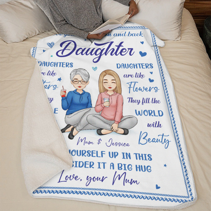 Love You To The Moon And Back Daughter - Family Personalized Custom Blanket - Birthday Gift From Mom