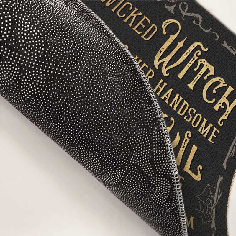 A Wicked Witch And Her Handsome Devil Live Here - Couple Personalized Custom Home Decor Witch Decorative Mat - Halloween Gift For Witches, Husband Wife