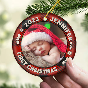 Custom Photo First Christmas - Dog & Cat Personalized Custom Ornament - Ceramic Round Shaped - Christmas Gift For Family Members, Pet Owners, Pet Lovers