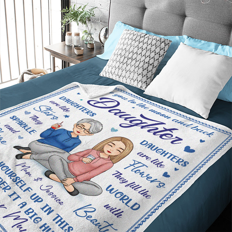 Love You To The Moon And Back Daughter - Family Personalized Custom Blanket - Birthday Gift From Mom
