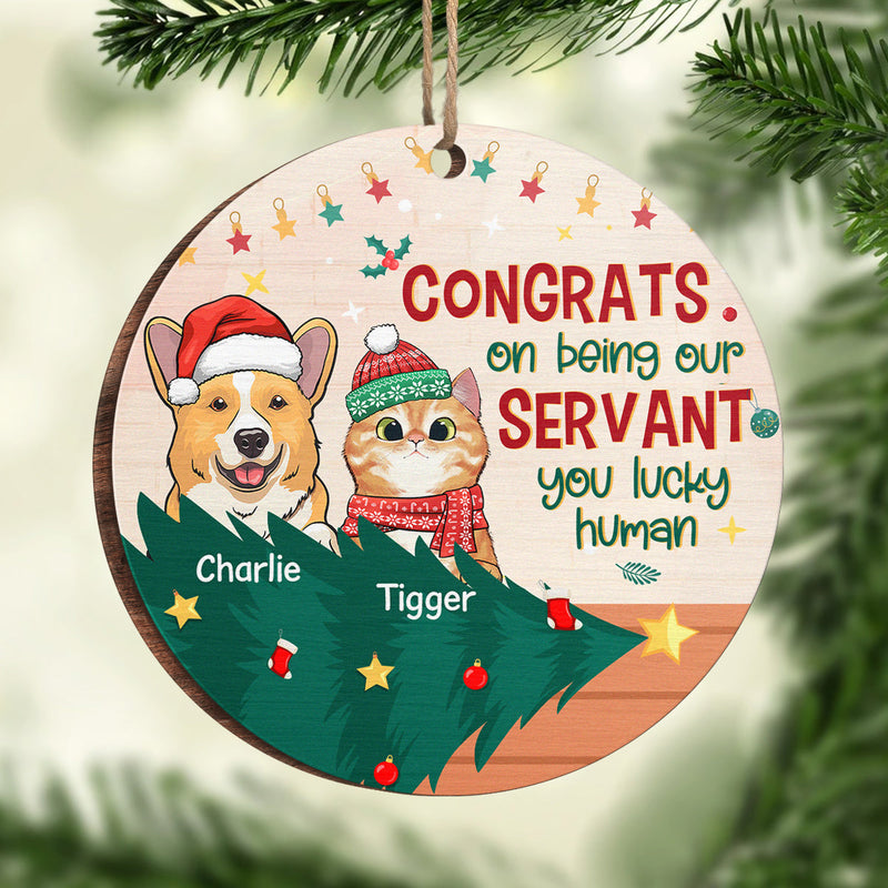 You Lucky Human - Dog & Cat Personalized Custom Ornament - Wood Round Shaped - Christmas Gift For Pet Owners, Pet Lovers