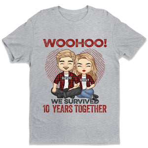 Woohoo We Survived Many Years Together - Personalized Unisex T-Shirt, Hoodie, Sweatshirt - Gift For Couple, Husband Wife, Anniversary, Engagement, Wedding, Marriage Gift