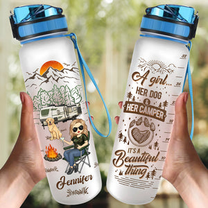 A Girl, Her Dogs & Her Camper - Camping Personalized Custom Water Tracker Bottle - Gift For Camping Lovers, Pet Owners, Pet Lovers