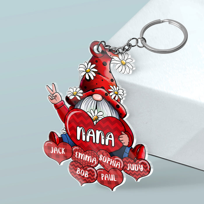 Gnome With Heart - Family Personalized Custom Gnome Shaped Acrylic Keychain - Mother's Day, Birthday Gift For Grandma