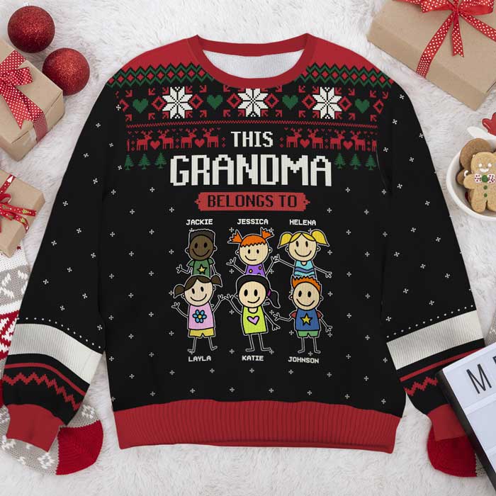 This Grandma Belongs To Family Personalized Custom Ugly Sweatshirt Unisex Wool Jumper Christmas Gift For Grandma Grandparents