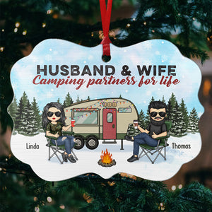 Husband & Wife Camping Partners For Life - Couple Personalized Custom Ornament - Aluminum Benelux Shaped - Christmas Gift For Husband Wife, Anniversary, Camping Lovers