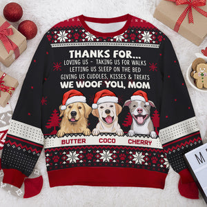 Thanks For Loving Us, We Woof You - Personalized Custom Unisex Ugly Christmas Sweatshirt, Wool Sweatshirt, All-Over-Print Sweatshirt - Gift For Dog Lovers, Pet Lovers, Christmas Gift