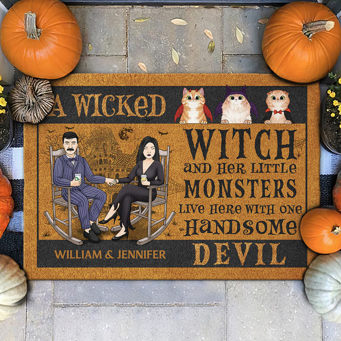 A Wicked Witch And Her Little Monsters Live Here With One Handsome Devil - Personalized Decorative Mat - Gift For Couple, Husband Wife, Gift For Pet Lovers, Halloween Gift
