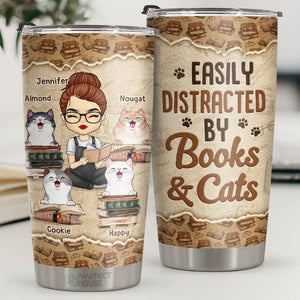 Easily Distracted By Books & Cats - Personalized Tumbler - Gift For Cat Lovers, Cat Owners, Cat Gift, Gift For Pet Lovers