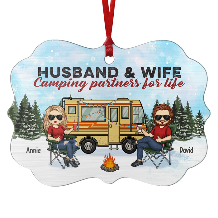 Husband & Wife Camping Partners For Life - Couple Personalized Custom Ornament - Aluminum Benelux Shaped - Christmas Gift For Husband Wife, Anniversary, Camping Lovers