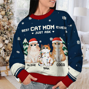 Best Cat Parents Ever - Personalized Custom Unisex Ugly Christmas Sweatshirt, Wool Sweatshirt, All-Over-Print Sweatshirt - Gift For Cat Lovers, Pet Lovers, Christmas Gift