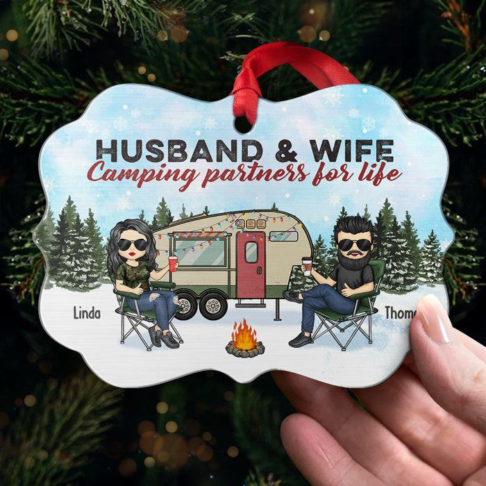 Husband & Wife Camping Partners For Life - Couple Personalized Custom Ornament - Aluminum Benelux Shaped - Christmas Gift For Husband Wife, Anniversary, Camping Lovers