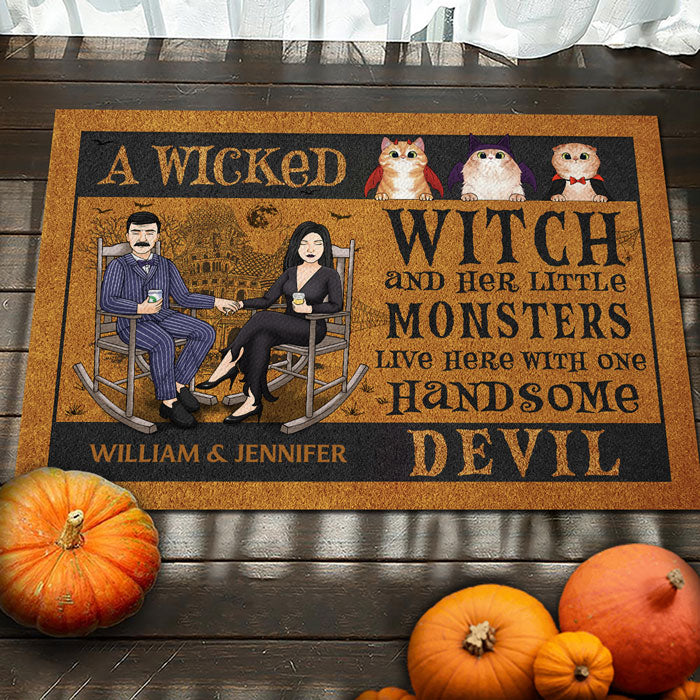 A Wicked Witch And Her Little Monsters Live Here With One Handsome Devil - Personalized Decorative Mat - Gift For Couple, Husband Wife, Gift For Pet Lovers, Halloween Gift