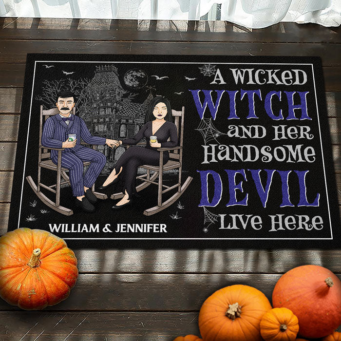 A Wicked Witch & Handsome Devil - Personalized Decorative Mat - Gift For Couple, Husband Wife, Halloween Gift