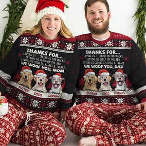 Thanks For Loving Us, We Woof You - Personalized Custom Unisex Ugly Christmas Sweatshirt, Wool Sweatshirt, All-Over-Print Sweatshirt - Gift For Dog Lovers, Pet Lovers, Christmas Gift
