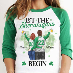 The Shenanigans Will Begin - Gift For Couples, Husband Wife, Personalized St. Patrick's Day Unisex Raglan Shirt.