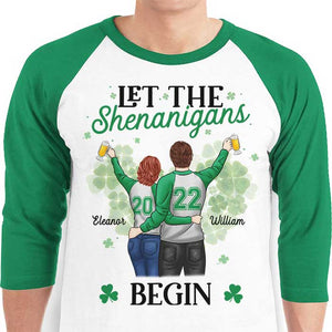 The Shenanigans Will Begin - Gift For Couples, Husband Wife, Personalized St. Patrick's Day Unisex Raglan Shirt.