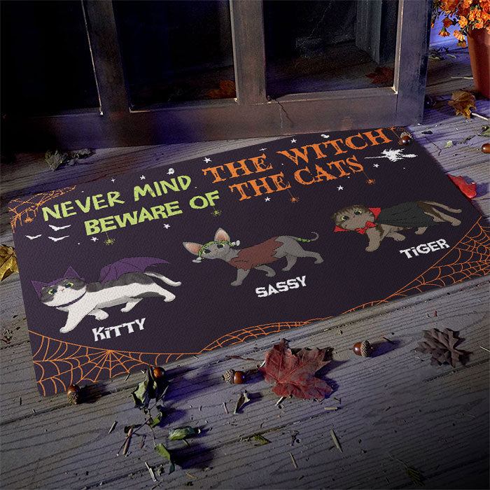 Never Mind The Witch, Beware Of The Cats - Personalized Decorative Mat, Halloween Ideas.