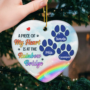 A Piece Of My Heart Is At The Rainbow Bridge - Personalized Custom Heart Shaped Ceramic Christmas Ornament - Memorial Gift, Sympathy Gift, Christmas Gift
