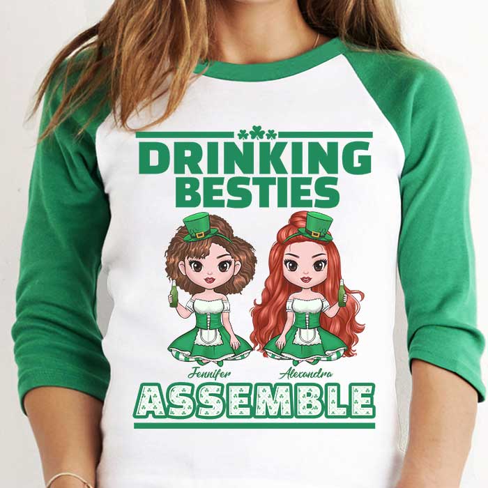 Drinking Besties Assemble -  Gift For Besties, Personalized St. Patrick's Day Unisex Raglan Shirt.