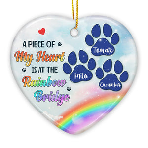 A Piece Of My Heart Is At The Rainbow Bridge - Personalized Custom Heart Shaped Ceramic Christmas Ornament - Memorial Gift, Sympathy Gift, Christmas Gift