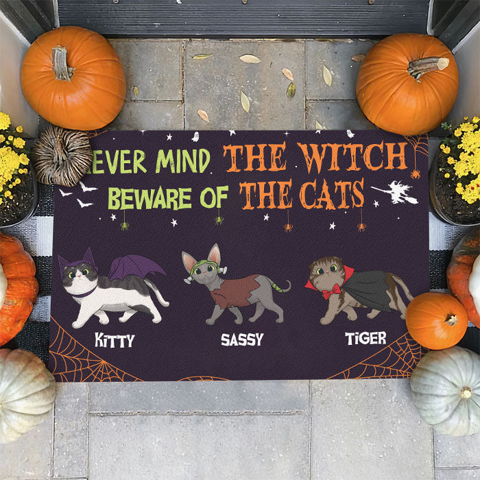 Never Mind The Witch, Beware Of The Cats - Personalized Decorative Mat, Halloween Ideas.