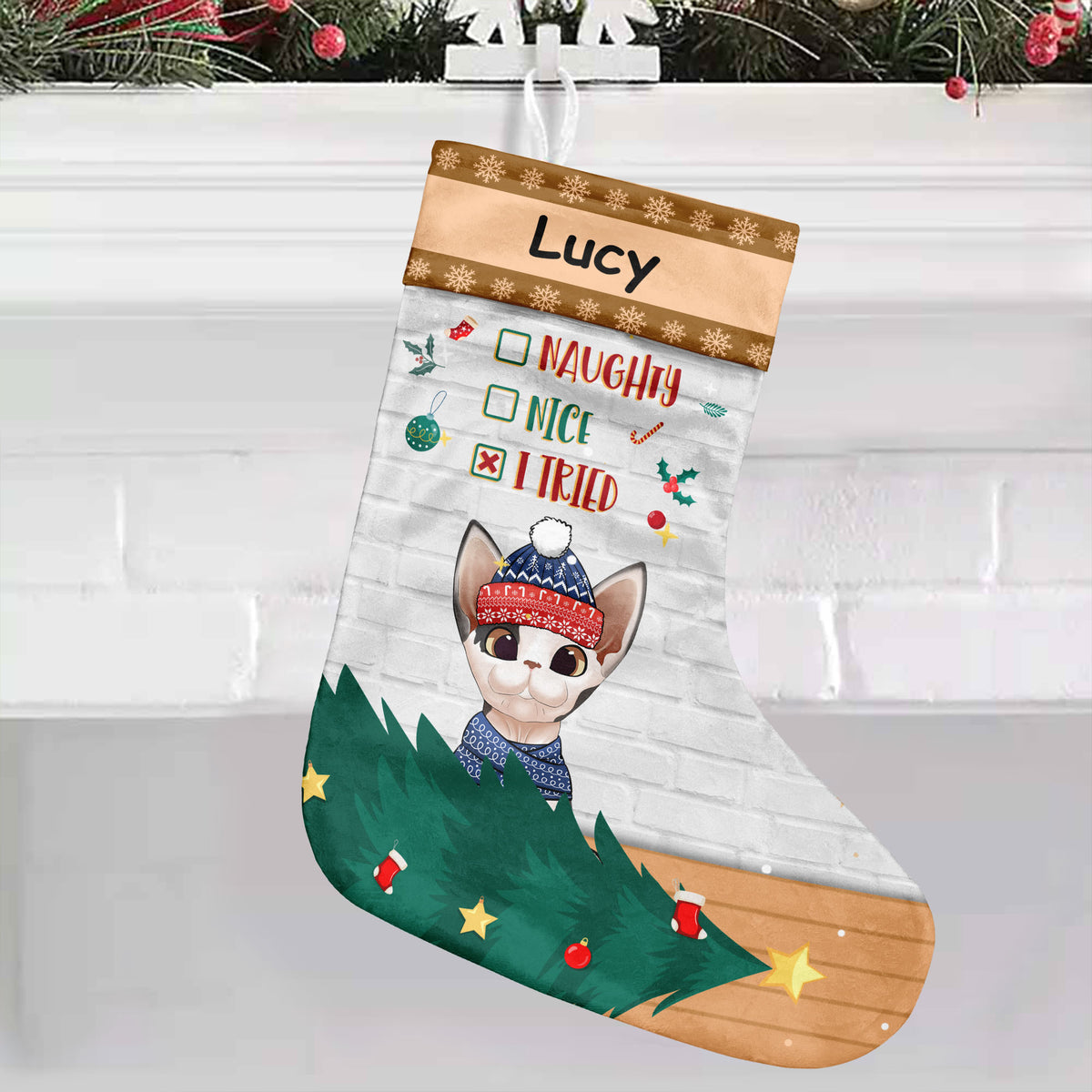 Naughty - Nice - I tried - Cat Christmas Costumes - Personalized Christmas Stocking.