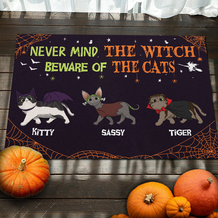 Never Mind The Witch, Beware Of The Cats - Personalized Decorative Mat, Halloween Ideas.