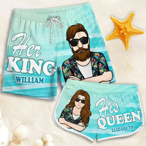 Her King & His Queen - Personalized Couple Beach Shorts - Gift For Couples, Husband Wife