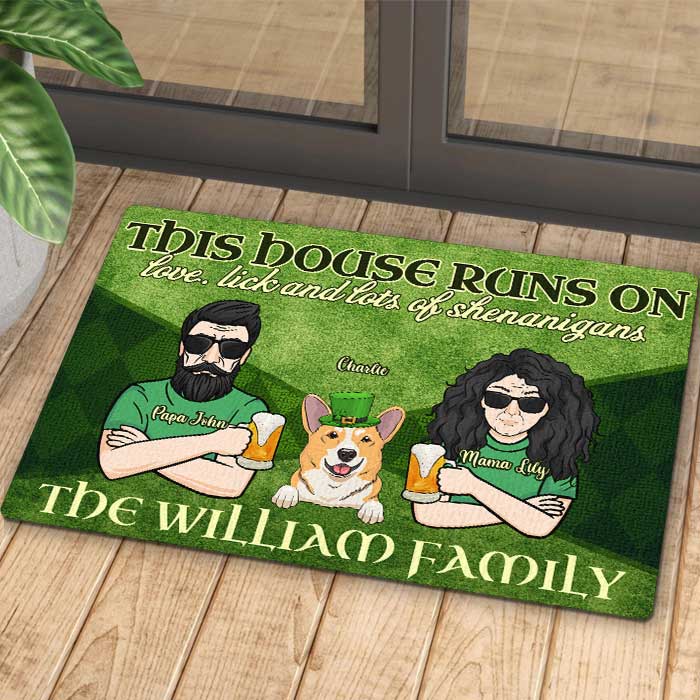 This House Runs On Love, Lick And Lots Of Shenanigans - Gift For Couples, Husband Wife, St. Patrick's Day - Personalized Decorative Mat.