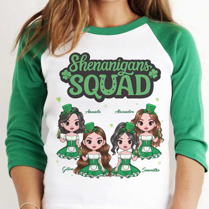 Best Friends, Shenanigans Squad - Gift For Besties, Personalized St. Patrick's Day Unisex Raglan Shirt.