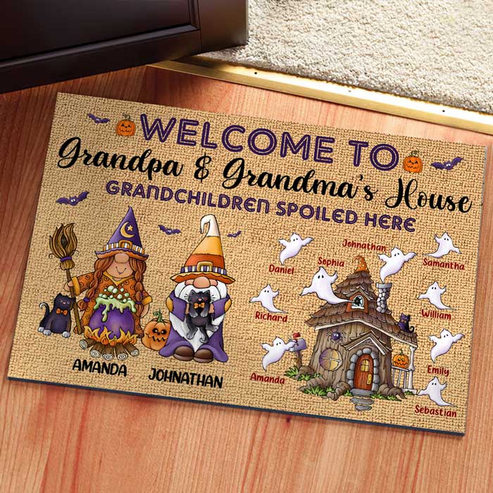 Grandchildren Spoiled Here On Halloween - Personalized Decorative Mat.