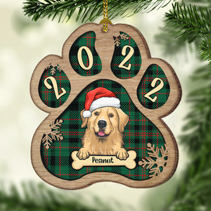 Personalized Custom Paw Shaped Wood Christmas Ornament - Dog, Cat And Snow - Plaid Buffalo Pattern - Customized Decoration And Year Gift For Pet Lovers