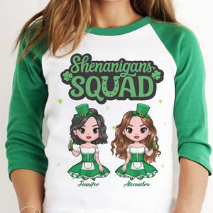 Best Friends, Shenanigans Squad - Gift For Besties, Personalized St. Patrick's Day Unisex Raglan Shirt.