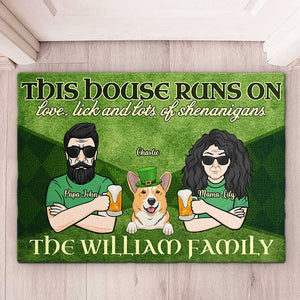 This House Runs On Love, Lick And Lots Of Shenanigans - Gift For Couples, Husband Wife, St. Patrick's Day - Personalized Decorative Mat.