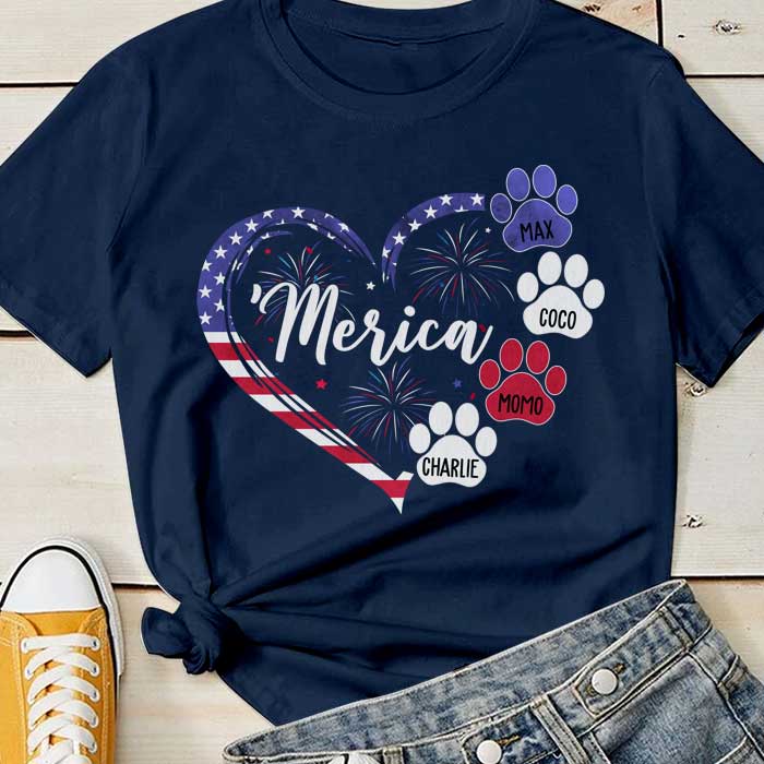 Dog Paw Prints Heart Firework - Gifts For 4th Of July - Personalized Unisex T-Shirt.