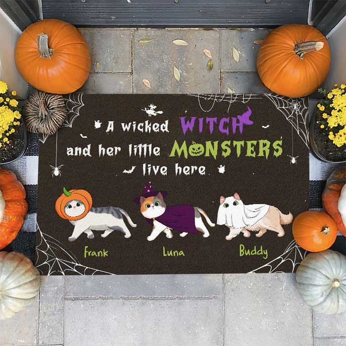 Halloween For Cats - A Wicked Witch And Her Little Monsters Live Here - Personalized Decorative Mat, Halloween Ideas.